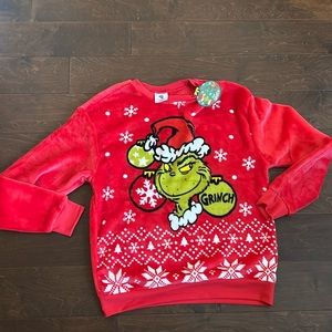 Grinch Womens Pullover Sweatshirt Plush New Christmas Red Green Snowflake
